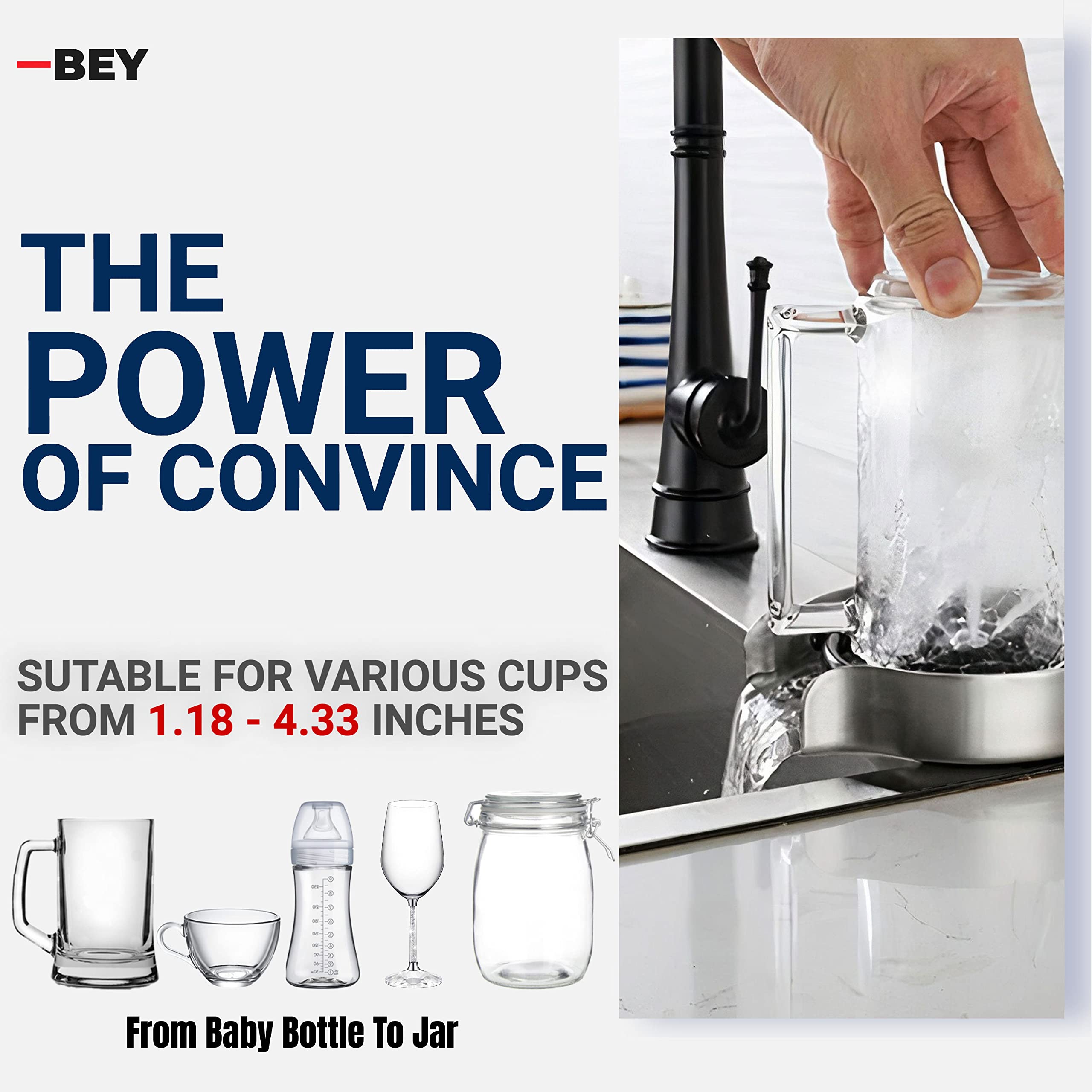 BEY Automatic Glass Rinser - Powerful Cup Washer for Kitchen Sink, Stainless Steel Baby Bottle Cleaner Sinks Attachment, Bar Accessories Spray Metal (Silver Stainless Steel)