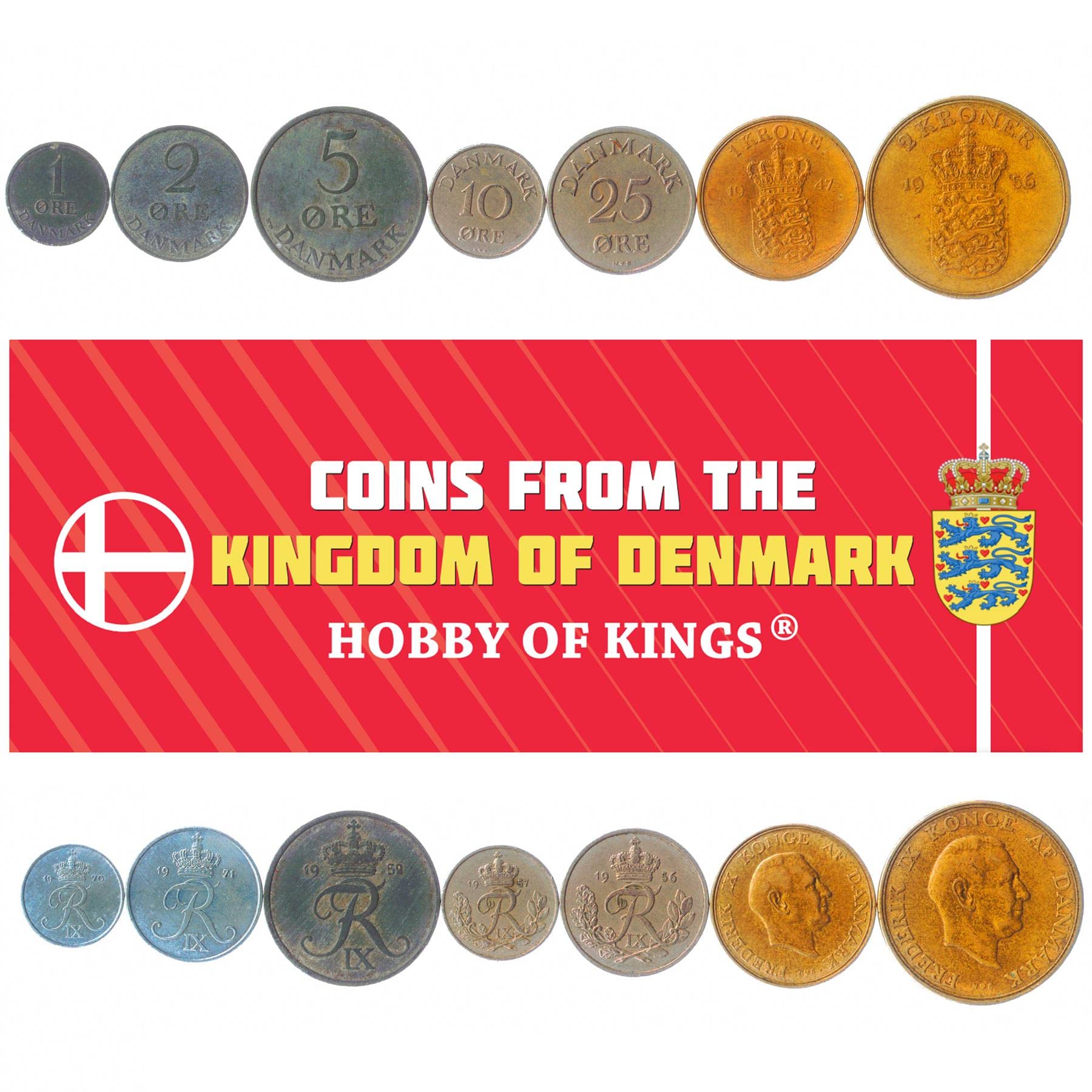 7 Coins from Denmark | Danish Coin Set Collection 1 2 5 10 25 Ore 1 2 Kroner | Circulated 1947-1960 | Frederik IX