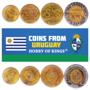 4 coins from uruguay | uruguayan coin set collection 1 2 5 10 pesos | circulated 2011-2019 | greater rhea | armadillo | capybara | cougar