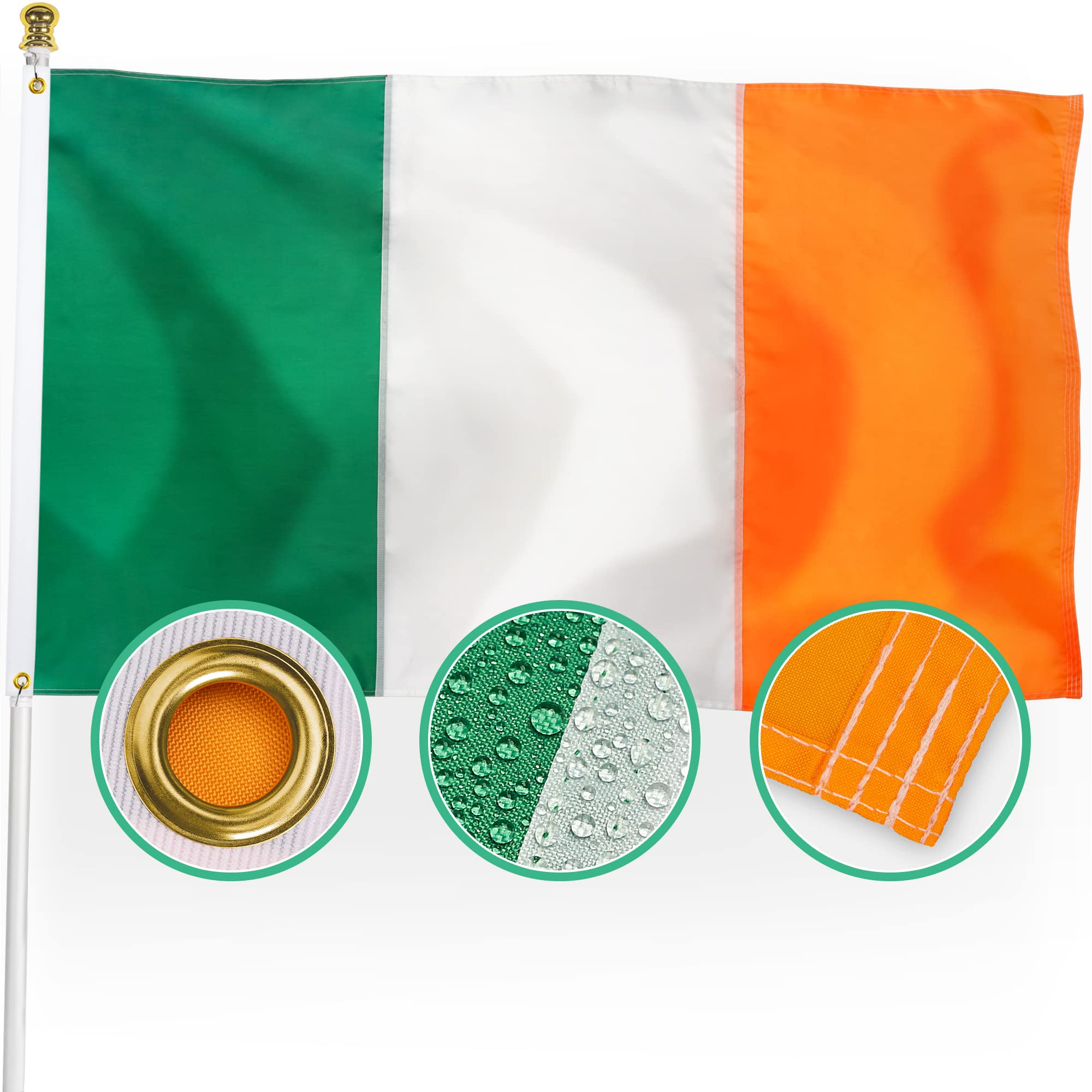 XIFAN Premium Nylon Ireland Irish Flag 3x5 Outdoor, Double Sided Heavy Duty 210D Nylon Irish National Country Flags, Strongest Longest Lasting with Sewn Stripes/4 Stitch Hemming/Brass Grommets