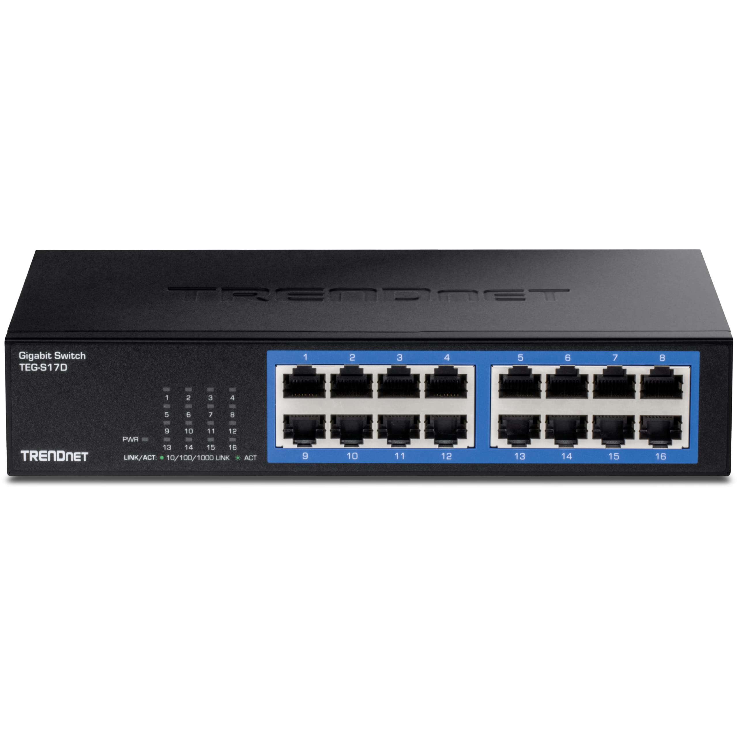 TRENDnet 16-Port Gigabit Desktop Switch, TEG-S17D, 16 x Gigabit RJ-45 Ports, 32Gbps Switching Capacity, Fanless Design, Metal Enclosure, Internal Power Supply, Lifetime Protection, Black