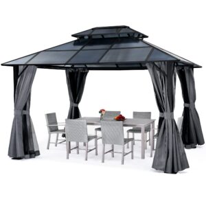 happatio 10'x 12' hardtop gazebo, outdoor polycarbonate double roof aluminum furniture gazebo canopy with netting and curtains for backyard, deck, patio (dark gray)