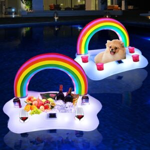 FirstE Inflatable Rainbow Cloud Drink Holder with Lights, Solar Powered Floating Beverage Salad Fruit Serving Bar Pool Float Lights Party Accessories, Floating Bar Cup Holder for Water Fun 2PC