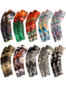 boao 10 pairs men's cooling arm sleeves long fingerless arm cover anti slip uv protection sun sports temporary tattoo arm sleeves (delicate pattern)