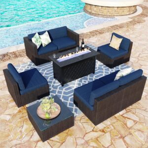mfstudio 8 pieces patio furniture set with 45" plate embossing propane fire table,outdoor pe rattan sectional sofa gas pit conversation blue cushions & glass table