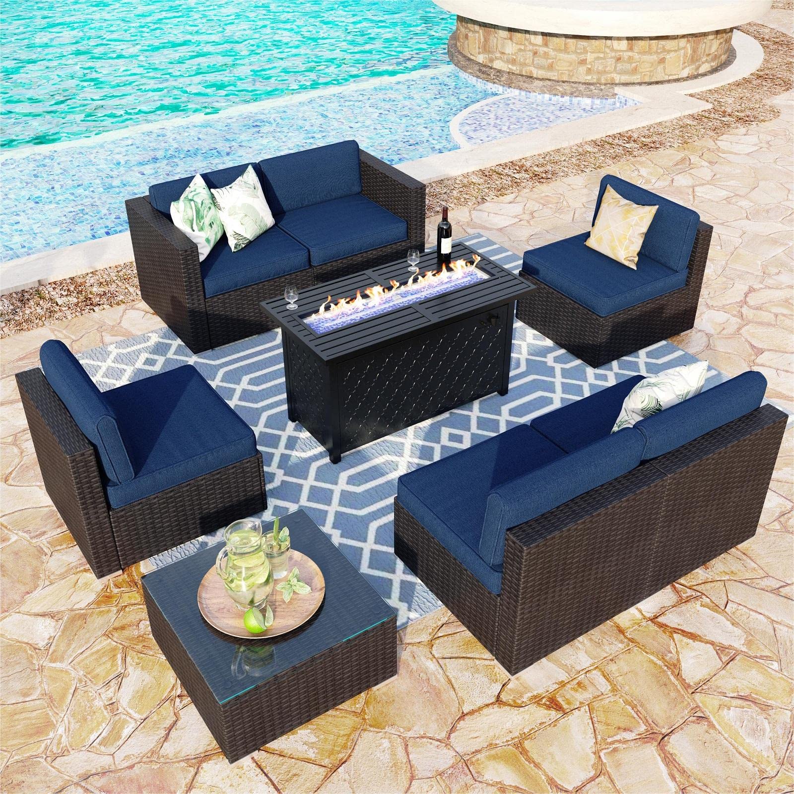 MFSTUDIO 8 Pieces Patio Furniture Set with 45" Plate Embossing Propane Fire Table,Outdoor PE Rattan Sectional Sofa Gas Pit Conversation Blue Cushions & Glass Table