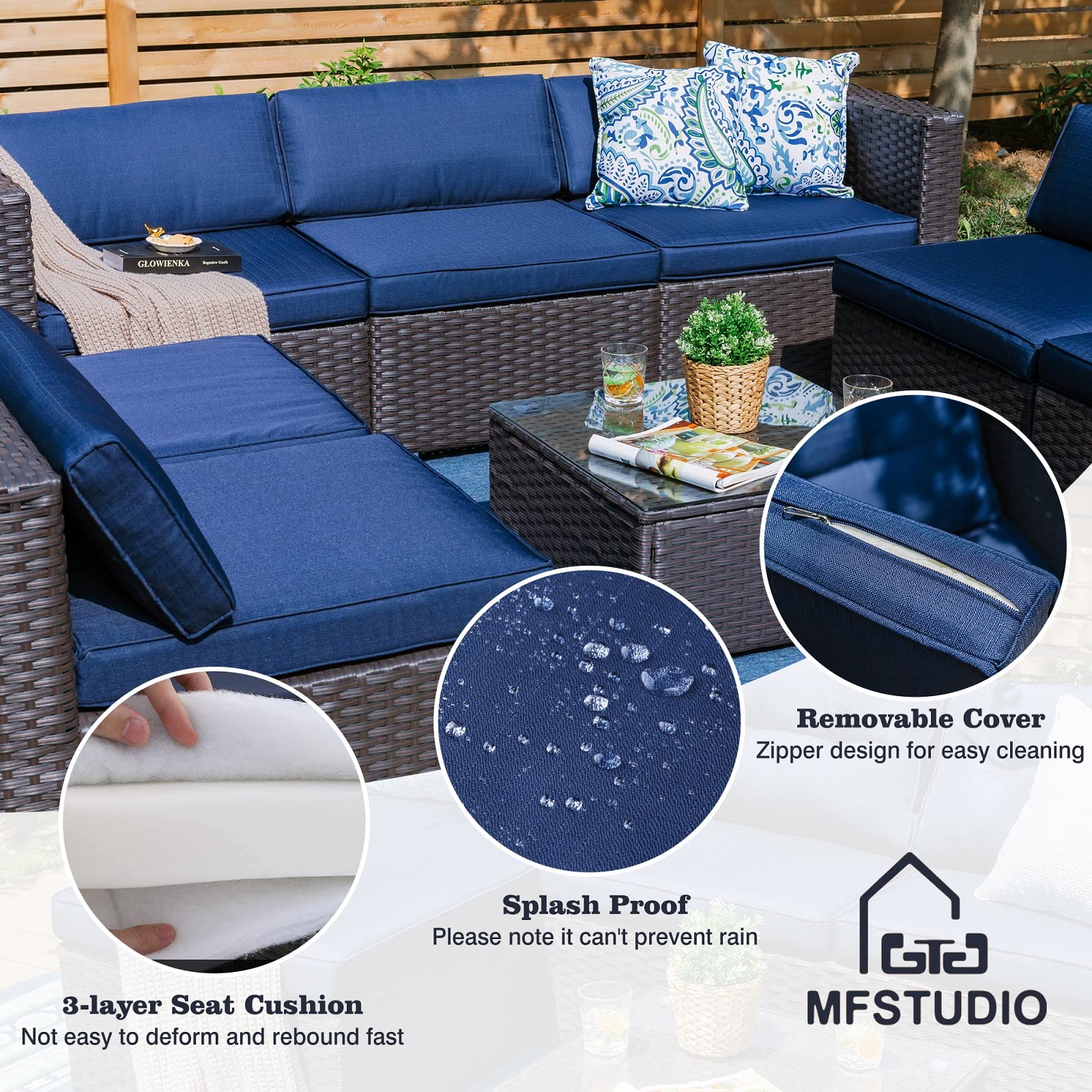 MFSTUDIO 8 Pieces Patio Furniture Set with 45" Plate Embossing Propane Fire Table,Outdoor PE Rattan Sectional Sofa Gas Pit Conversation Blue Cushions & Glass Table