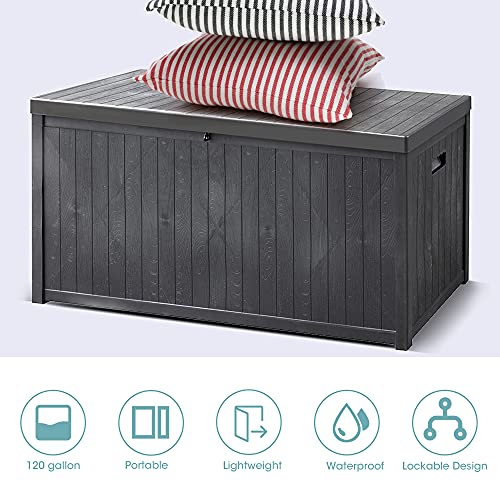 120 Gallon Large Patio Storage Box Deck Boxes Outdoor Waterproof Patio Cushion Storage Outside Container for Pool Towel, Garden Tools, Toys, Grey