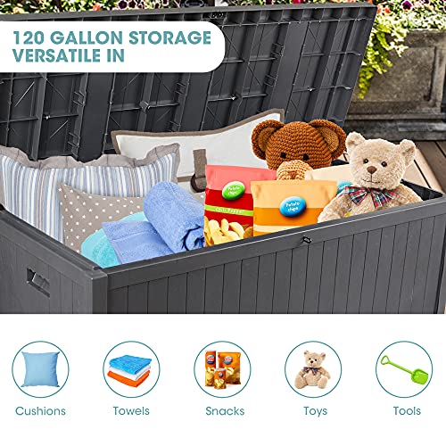 120 Gallon Large Patio Storage Box Deck Boxes Outdoor Waterproof Patio Cushion Storage Outside Container for Pool Towel, Garden Tools, Toys, Grey