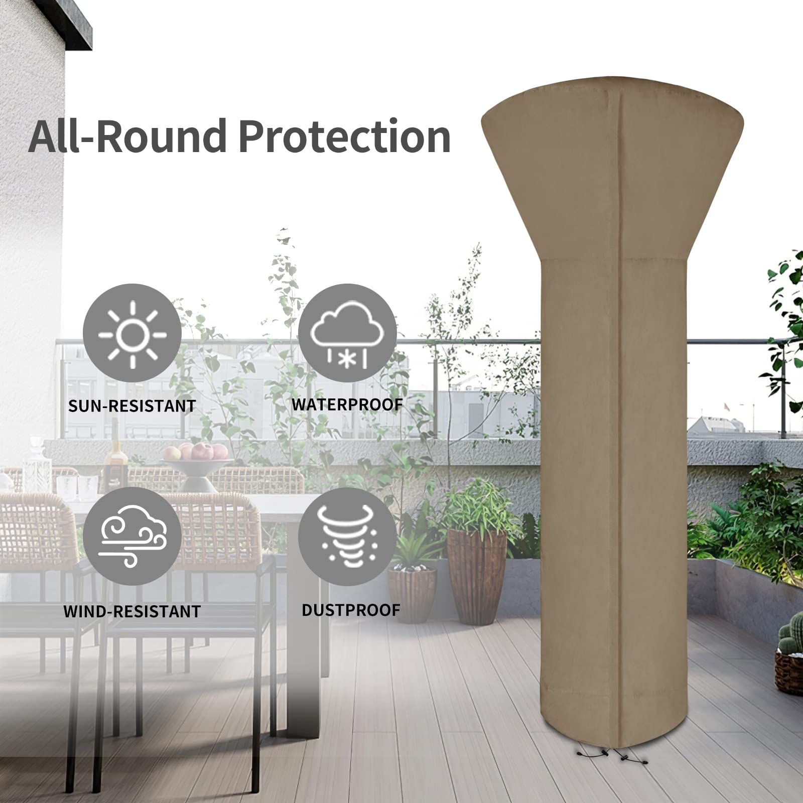 Easy-Going Patio Heater Cover with Zipper and Storage Bag, Waterproof Outdoor Heater Cover Dustproof, UV-Resisant, Wind-Resistant (89"H x 33"D x 19"B, Camel)