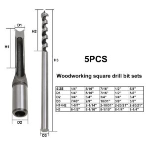 Woodworking Square Hole Mortise Drill Bit, 5pcs HSS Mortising Chisel Bits Mortiser Press Attachments Tool Square Drill Bits Countersink Bits for MDF, Particleboard Sizes 1/4, 5/16, 7/16, 1/2, 5/8IN