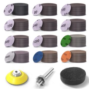 2 inch sanding disc 120 pcs wet dry hook and loop sandpaper pads kit 60-10000 grits 1/4 in backer plate and foam buffering pad for wood, metal, car, drywall, drill grinder rotary tools attachment