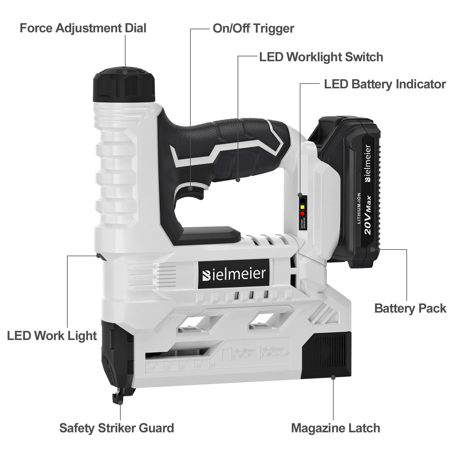 Bielmeier 20V Brad Nailer Cordless, 18 Gauge 2 in 1 Nail Gun Battery Powered, 2.0Ah Electric Staple Gun for Upholstery and Carpentry, Include Battery, Charger, Staples, and Nails