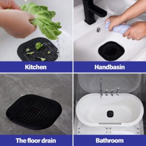 Drain Hair Catcher,Square Drain Cover for Shower Silicone Hair Stopper with Suction Cups Easy to Install and Clean Suit for Bathroom,Bathtub,Kitchen 2 Pack(Black)