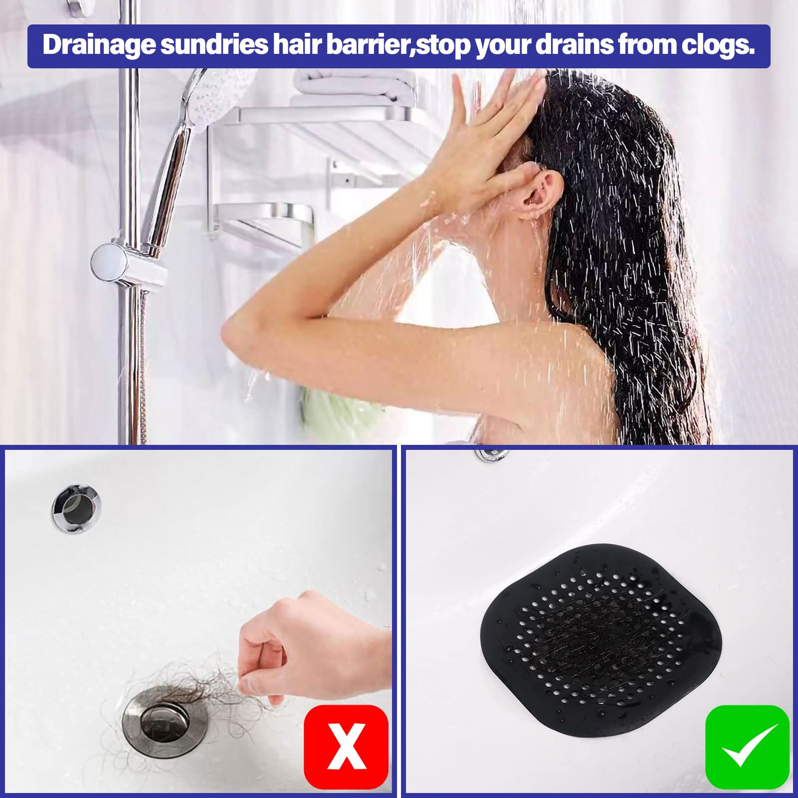 Drain Hair Catcher,Square Drain Cover for Shower Silicone Hair Stopper with Suction Cups Easy to Install and Clean Suit for Bathroom,Bathtub,Kitchen 2 Pack(Black)