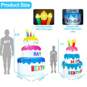 4 Ft Inflatable Happy Birthday Cake Decorations Outdoor Lighted Blow Up Holiday Birthday Party Decor with Candles 6 LED Lights for Indoor Home Celebration Garden Lawn Yard Prop Sign