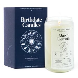 birthdate candles, march 11 - pisces zodiac scented candles birthday gift - jasmine, cedarwood & thyme scent - all-natural soy & coconut wax, 60-80 hour burn time - made in usa