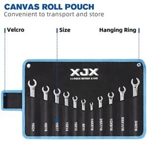 XJX Flare Nut Wrench Set | 11-Piece | SAE & Metric | 1/4"-7/8" and 9-21mm | CR-V Steel | Brake Line Wrenches Set with Rolling Pouch