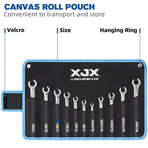 XJX Flare Nut Wrench Set | 11-Piece | SAE & Metric | 1/4"-7/8" and 9-21mm | CR-V Steel | Brake Line Wrenches Set with Rolling Pouch