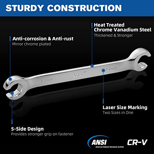 XJX Flare Nut Wrench Set | 11-Piece | SAE & Metric | 1/4"-7/8" and 9-21mm | CR-V Steel | Brake Line Wrenches Set with Rolling Pouch