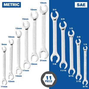 XJX Flare Nut Wrench Set | 11-Piece | SAE & Metric | 1/4"-7/8" and 9-21mm | CR-V Steel | Brake Line Wrenches Set with Rolling Pouch