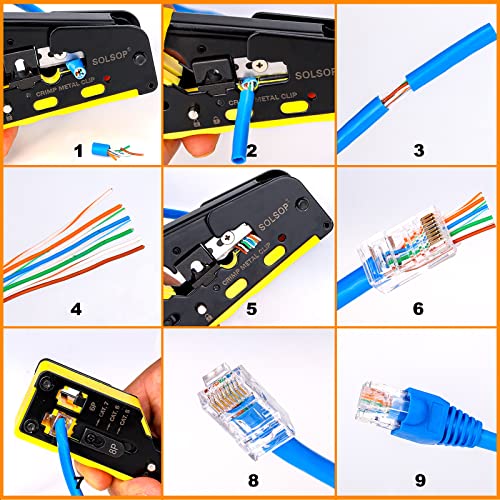 Solsop Network/Phone Cable Tester RJ45 Crimp Tool Pass Through Modular CAT6 Crimping Tool Kit, 50PCS CAT6 Pass Through Connectors, 50PCS RJ45 Boots, Mini Wire Stripper, Wire Cutter plier