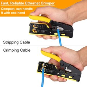 Solsop Network/Phone Cable Tester RJ45 Crimp Tool Pass Through Modular CAT6 Crimping Tool Kit, 50PCS CAT6 Pass Through Connectors, 50PCS RJ45 Boots, Mini Wire Stripper, Wire Cutter plier