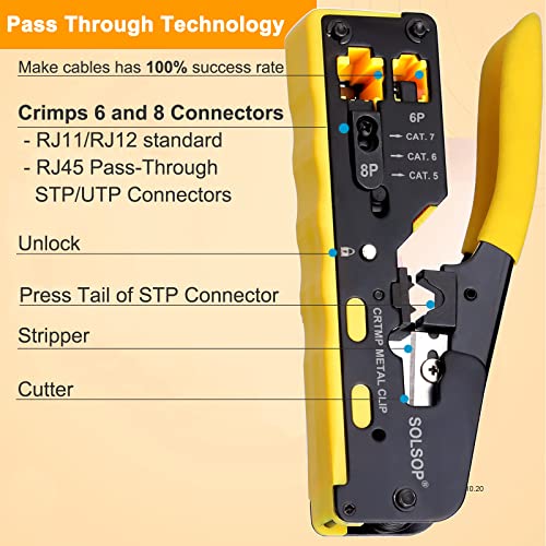 Solsop Network/Phone Cable Tester RJ45 Crimp Tool Pass Through Modular CAT6 Crimping Tool Kit, 50PCS CAT6 Pass Through Connectors, 50PCS RJ45 Boots, Mini Wire Stripper, Wire Cutter plier