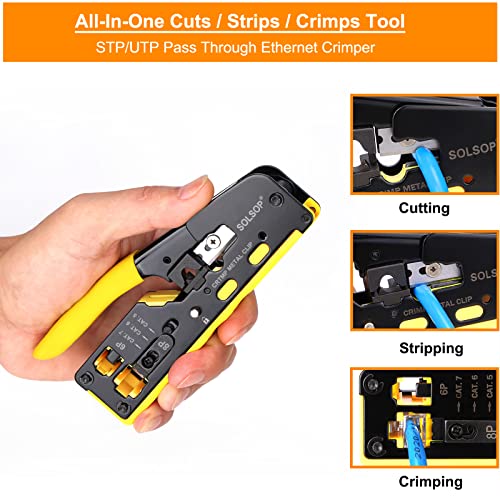 Solsop Network/Phone Cable Tester RJ45 Crimp Tool Pass Through Modular CAT6 Crimping Tool Kit, 50PCS CAT6 Pass Through Connectors, 50PCS RJ45 Boots, Mini Wire Stripper, Wire Cutter plier