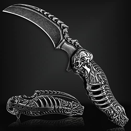 VALHALLA Skull Pocket Knife, Pocket Folding Knife With 3D Hollowed-out Skull, EDC Pocket Knife For Men Outdoor Camping Hiking Hunting