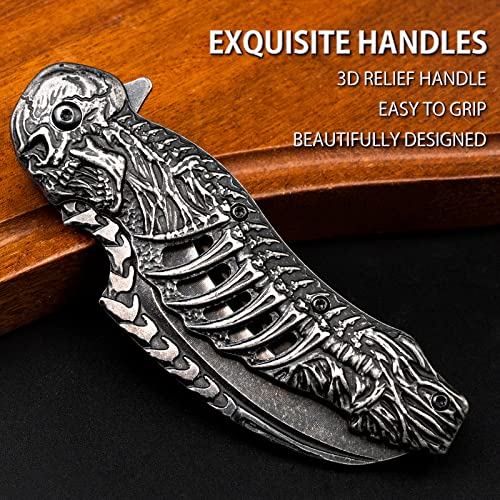 VALHALLA Skull Pocket Knife, Pocket Folding Knife With 3D Hollowed-out Skull, EDC Pocket Knife For Men Outdoor Camping Hiking Hunting