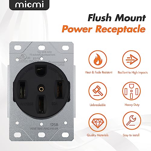 NEMA 14-50R Receptacle 50 Amp Flush Mounting Outlet with Wall Plate, 3 Pole, 4 Wire 125/250V, Heavy Duty Commercial Industrial Grade UL Listed, Micmi