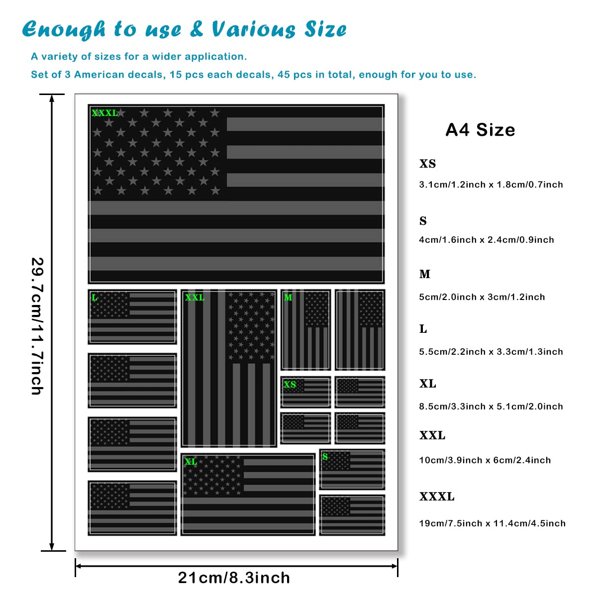 QQSD Black US American Flag Sticker USA Decal in Multiple Sizes (3 Pack, 11.7 x 8.3 Inches)
