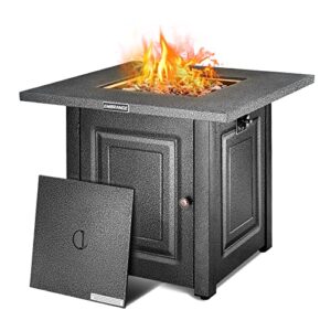 embrange outdoor propane fire pit table, 28 inch auto-ignition patio gas fire pit with lid and lava rock, external igniter and csa certified, unique finish great addition to the yard or deck
