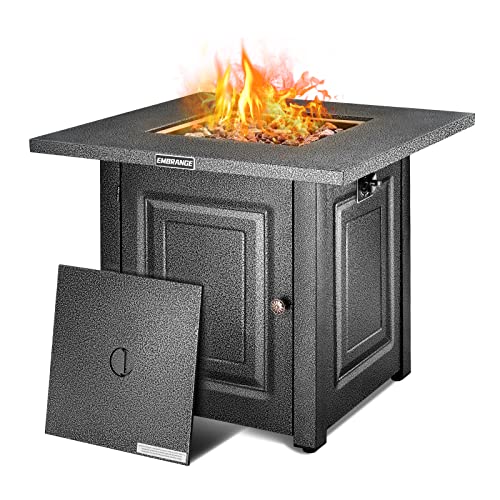 EMBRANGE Outdoor Propane Fire Pit Table, 28 inch Auto-Ignition Patio Gas Fire Pit with Lid and Lava Rock, External Igniter and CSA Certified, Unique Finish Great Addition to The Yard or Deck