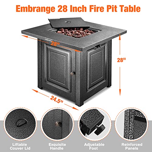 EMBRANGE Outdoor Propane Fire Pit Table, 28 inch Auto-Ignition Patio Gas Fire Pit with Lid and Lava Rock, External Igniter and CSA Certified, Unique Finish Great Addition to The Yard or Deck