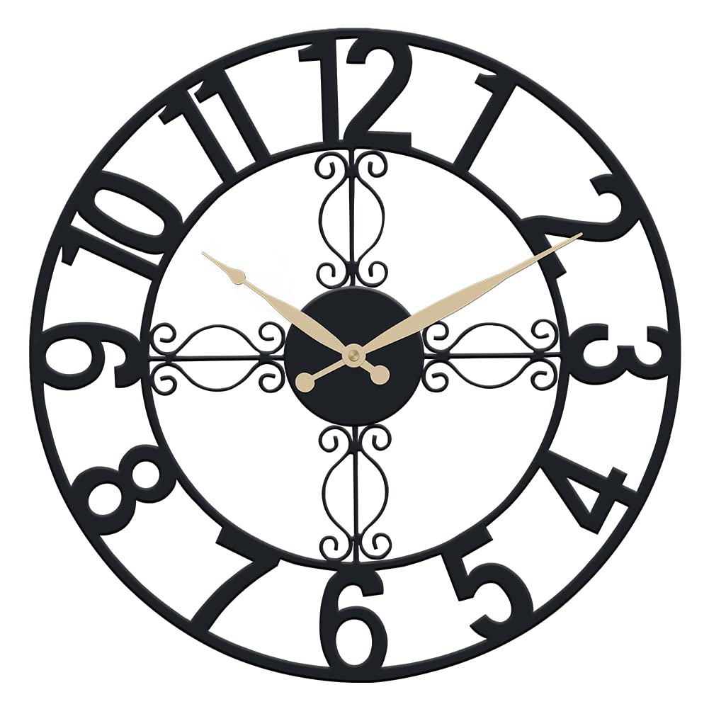 UMEXUS Outdoor Indoor Retro Wall Clock Waterproof, 18Inch Iron Metal Cut Out Large 3D Decorative Silent Non Ticking Wall Clock for Living Room, Patio, Garden, Office, Home Decor (Black)