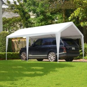 gardesol carport, 10' x 20' heavy duty car canopy with powder-coated steel frame, easy to assemble portable garage for car, boat, party tent with 180g pe tarp for wedding, garden, 6 legs, beige