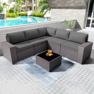 piltwoff 6 pieces waterproof outdoor patio set, modern all-weather outdoor patio furniture sets with 5 black&brown chairs. outdoor sectional sofa for garden/backyard/balcony(grey)