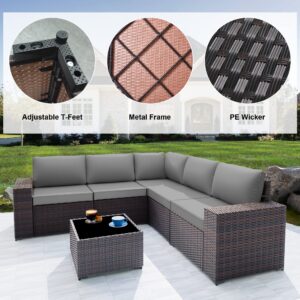 Piltwoff 6 Pieces Waterproof Outdoor Patio Set, Modern All-Weather Outdoor Patio Furniture Sets with 5 Black&Brown Chairs. Outdoor Sectional Sofa for Garden/Backyard/Balcony(Grey)