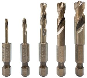 nordwolf 5-piece m35 cobalt stubby drill bit set for stainless steel & hard metals, with 1/4" hex shank for quick chucks & impact drivers, sae sizes 3/32"-1/8"-3/16"-1/4"-5/16" in storage case