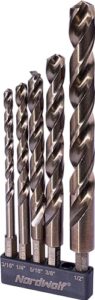 nordwolf 5-piece m35 cobalt drill bit set for stainless steel, hard metals & cast iron, jobber length with 1/4" hex shank, sae sizes 3/16"-1/4"-5/16"-3/8"-1/2"