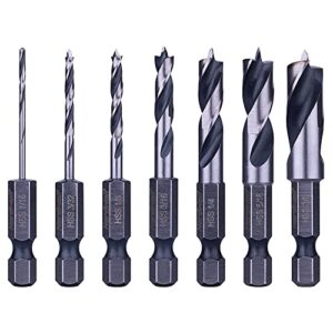 nordwolf 7-piece hss brad point stubby wood drill bit set with 1/4" hex shank for carpenter woodworking, sae sizes 1/16"-3/32"-1/8"-3/16"-1/4"-5/16"-3/8"