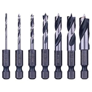 NordWolf 7-Piece HSS Brad Point Stubby Wood Drill Bit Set with 1/4" Hex Shank for Carpenter Woodworking, SAE Sizes 1/16"-3/32"-1/8"-3/16"-1/4"-5/16"-3/8"