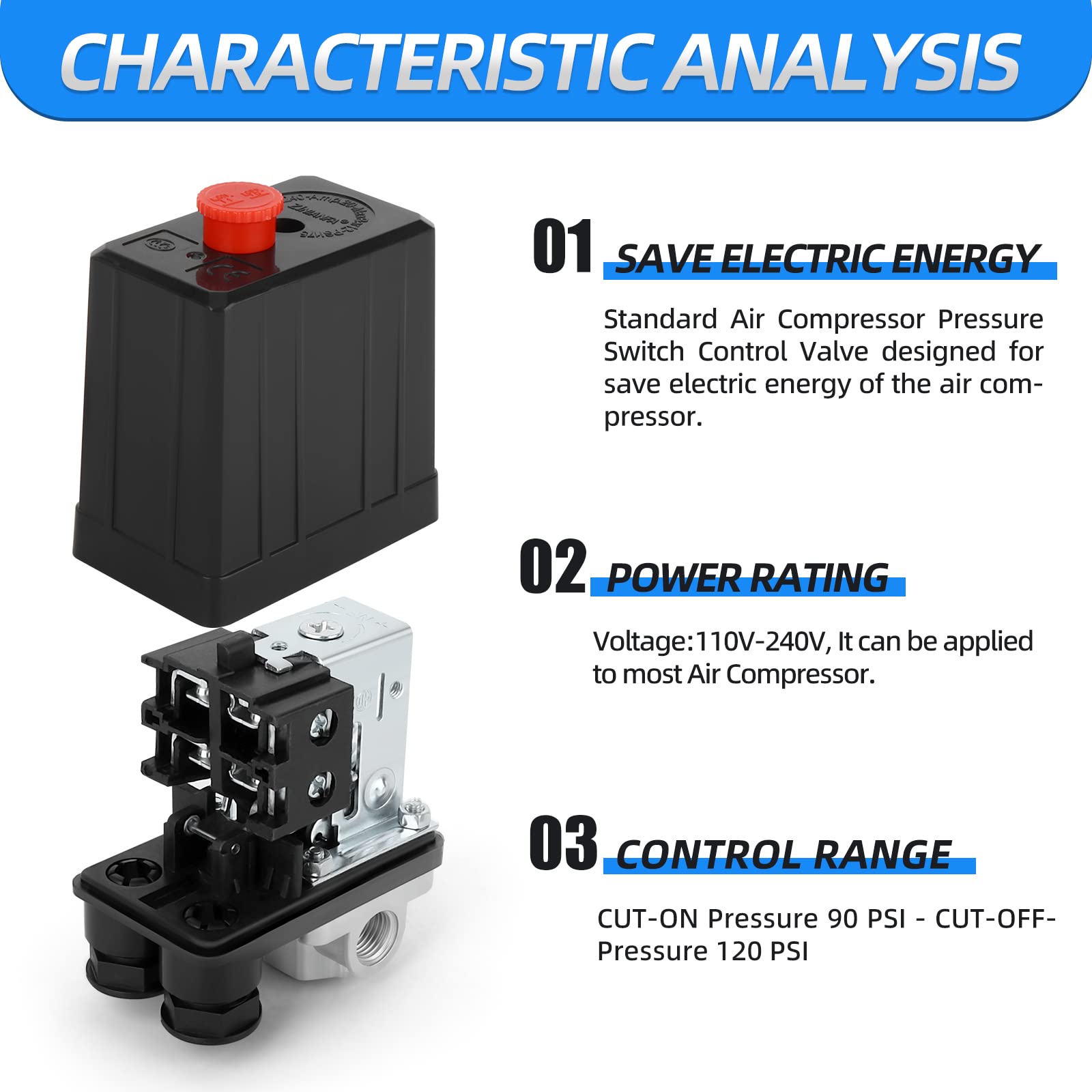 MEANLIN MEASURE Air Compressor Pressure Switch Control Valve 90-120 PSI 110V-240V 4-way Replacement Parts With 0-180 Pressure gauge and Safety Pressure Relief Valve