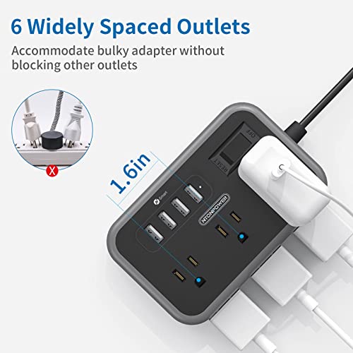Flat Plug Extension Cord 15 Ft, NTONPOWER 6 Widely Spaced Outlet(2 Side) Power Strip with 4 USB Ports, Wall Mount Charging Station, Overload Protection for Home Office, Dorm Room and Nightstand-Black…