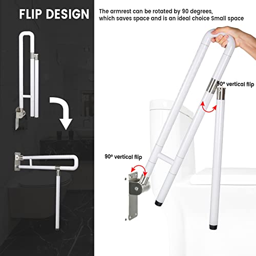 JELLYRATTBIT Handicap Grab Bars Rails, 29.5 Inch Foldable Toilet Bar Flip Up Arm Rails with Anti-Slip Grip Shower Assist Aid Safety for Elderly Pregnant Women Disabled Bar, White