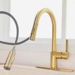 FROPO Gold Kitchen Faucet with Pull Down Sprayer - Modern Single Handle Pull Down Kitchen Sink Faucet with Deck Plate | Commercial Kitchen Faucet for 1 & 3 Hole Stainless Steel Brushed Gold