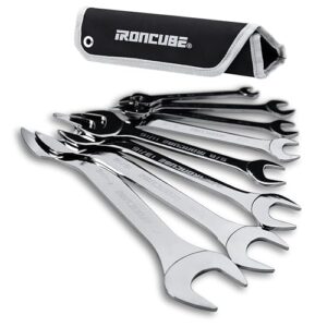 ironcube super thin wrench set, 8-piece, sae, 1/4 to 1-1/16, double open end, slim wrench set with rolling pouch for auto repairs in tight spaces.