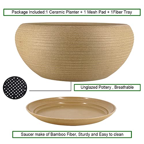 MUZHI 10” Round Large Ceramic Bonsai Bowl Planter，Clay Succulent Plant Pot Container with Saucer